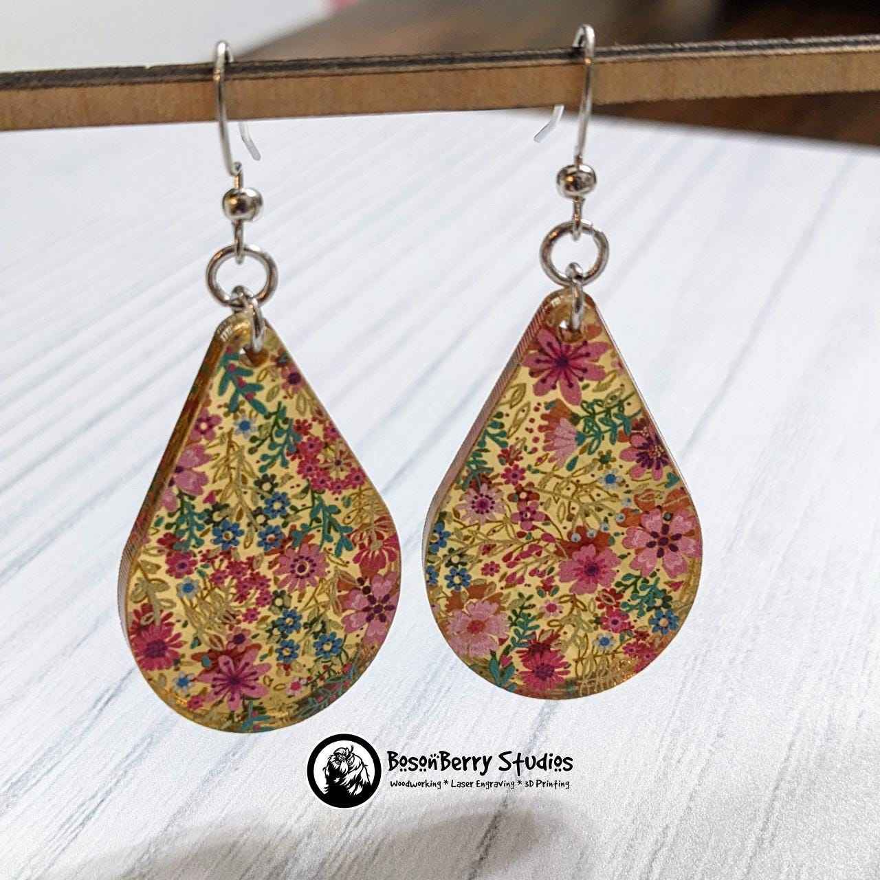 Pink Floral Gold-Mirrored Acrylic Earrings