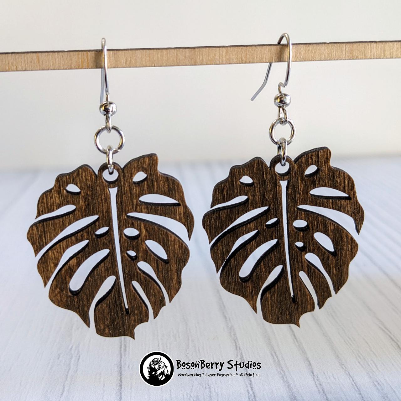 Monstera Leaf Wooden Earrings