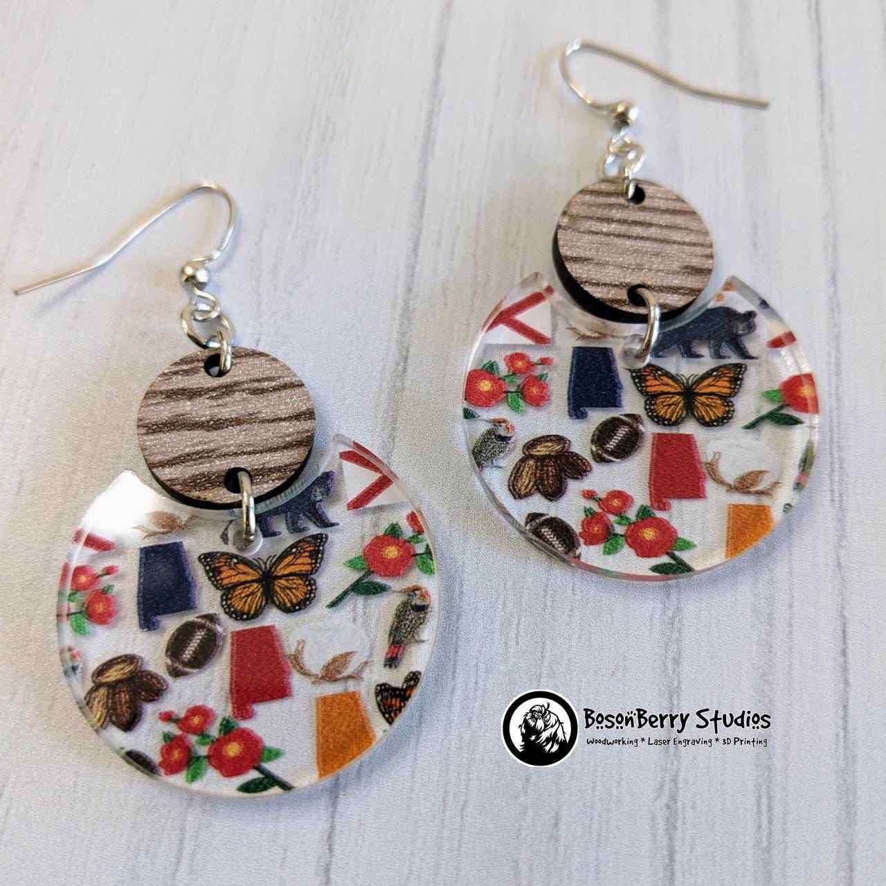 Alabama State Icon Acrylic Earrings: rounded with wooden connectors on white background