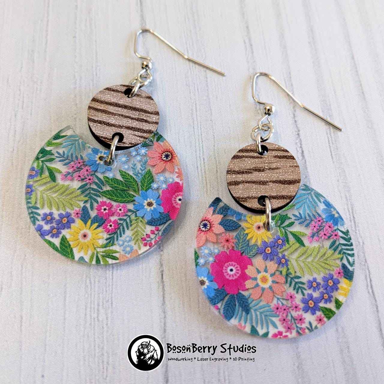 Floral Garden Acrylic Earrings: rounded with wooden connectors on white background