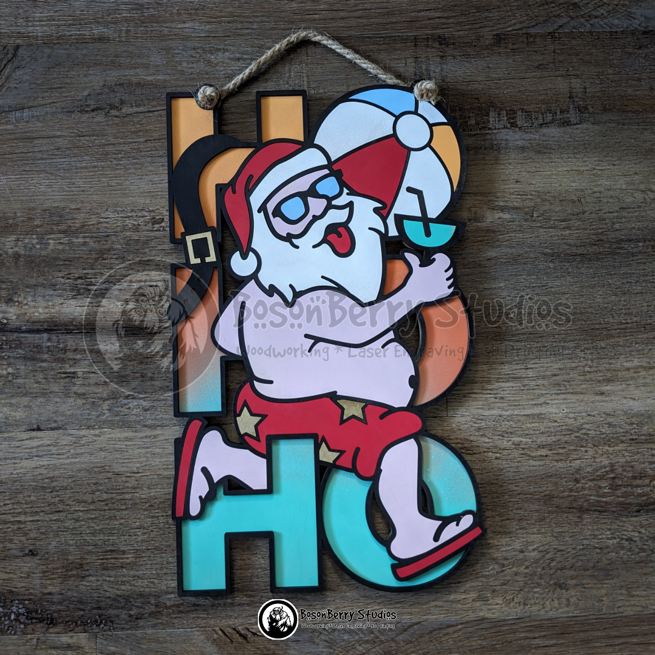 HoHoHo Beach Santa Christmas Wooden Door Hanger