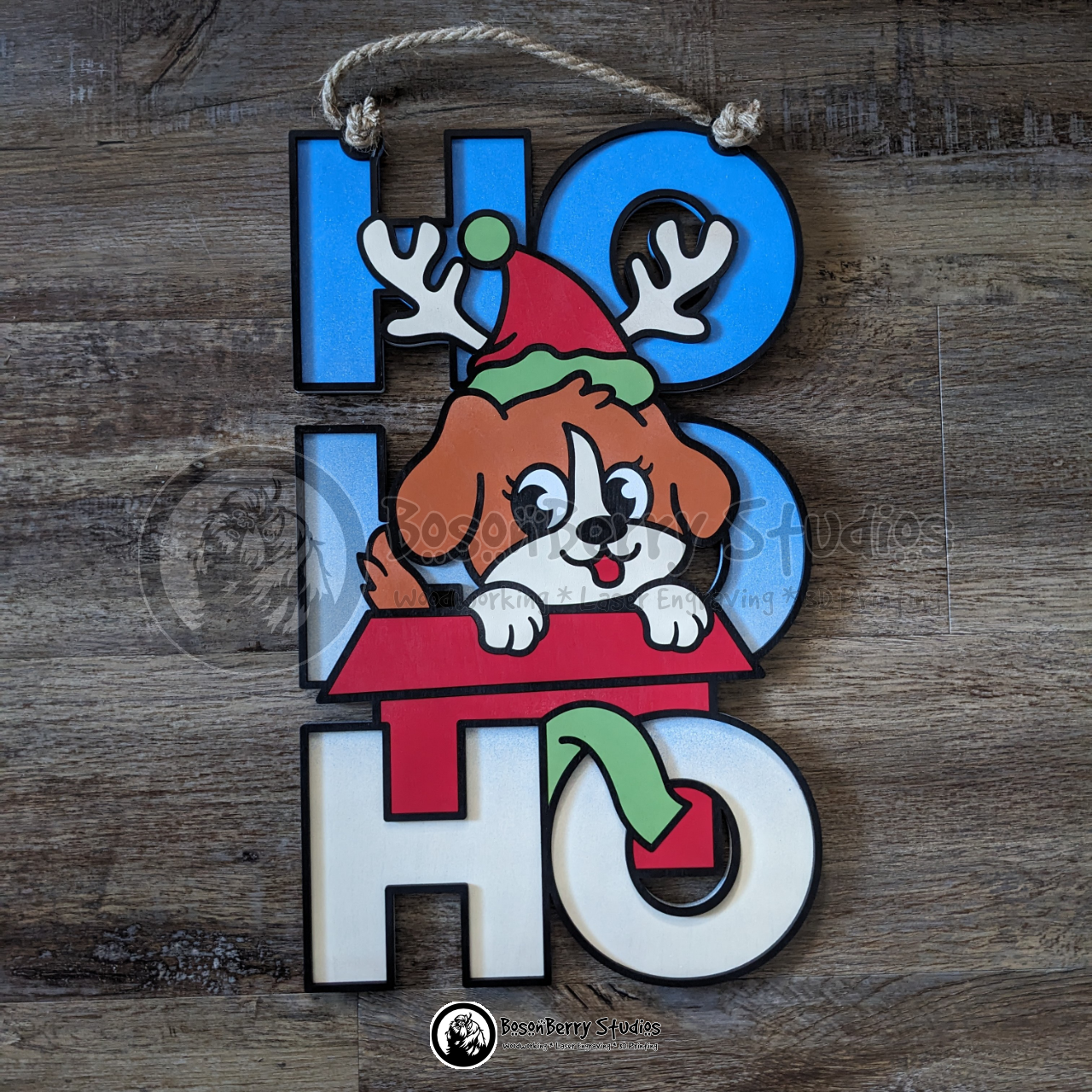 HoHoHo Puppy Present Christmas Wooden Door Hanger