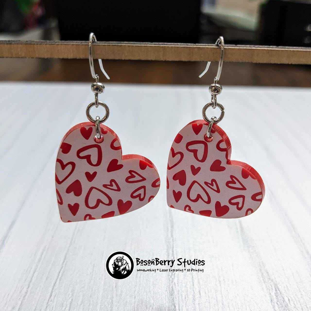 Colored Heart Acrylic Earrings in Red or Teal
