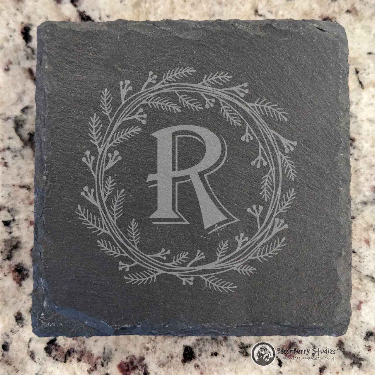 Herb Wreath Monogram 4 Pack Slate Coasters