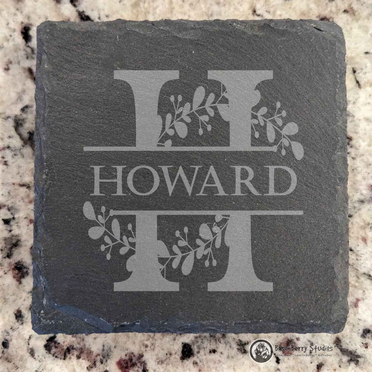Leaves Sprig Monogram 4 Pack Slate Coasters