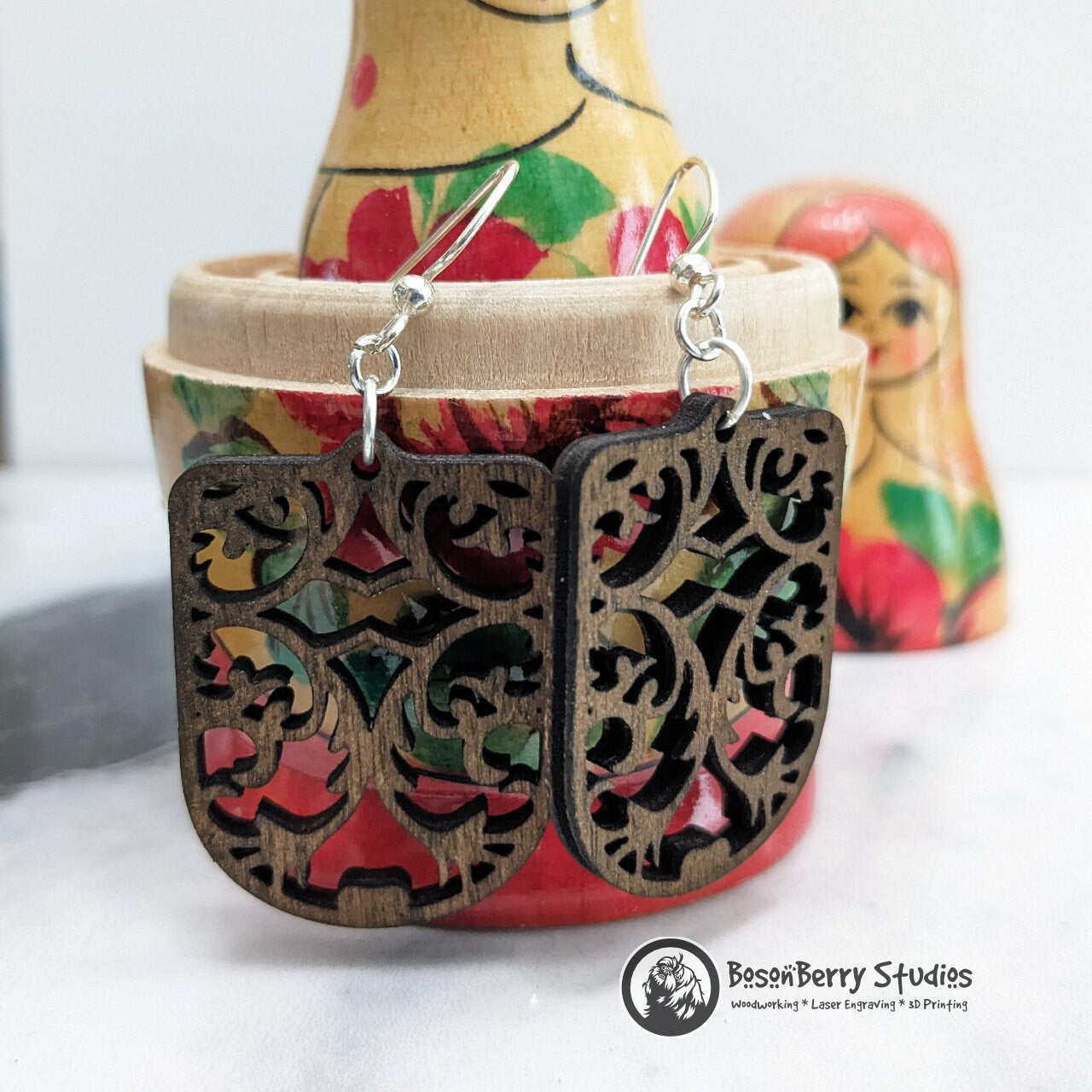 Elegant Damask Wooden Earrings: 3 Shapes