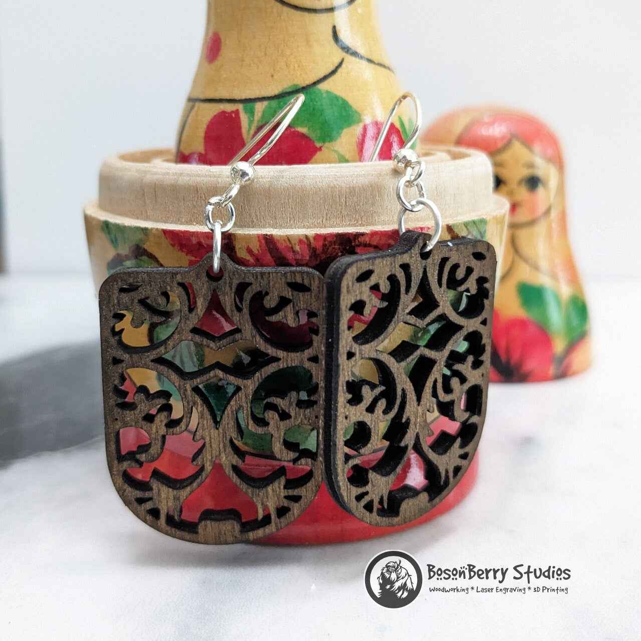 Elegant Damask Wooden Earrings: 3 Shapes