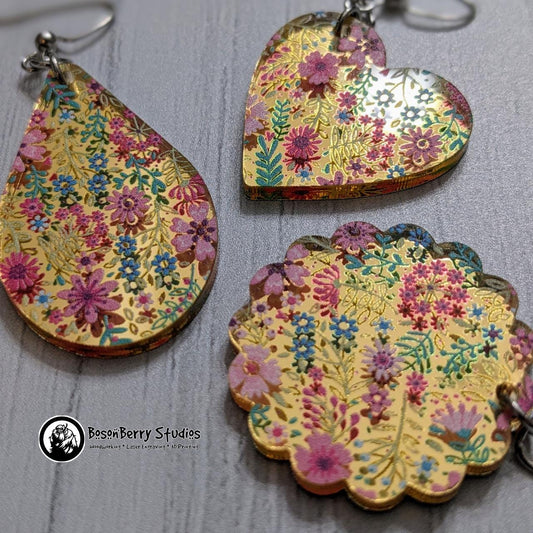 Pink Floral Gold-Mirrored Acrylic Earrings
