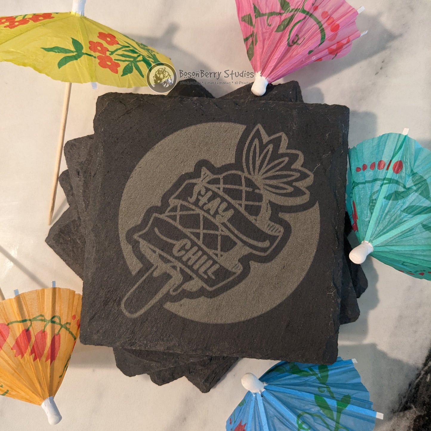 Beach, Please! 4 Pack Slate Coasters | Laser Engraved | Funny Gifts | Home Decor