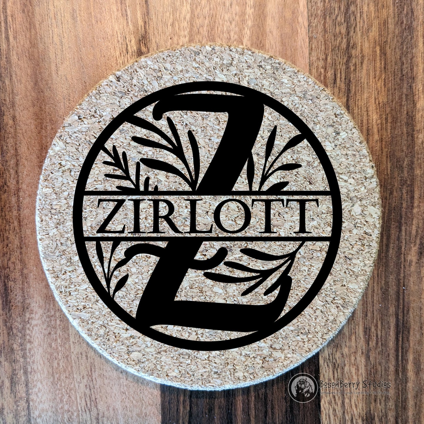 Floral Spray Monogram 4 Pack Cork Coasters | Laser Engraved | Gifts | Home Decor