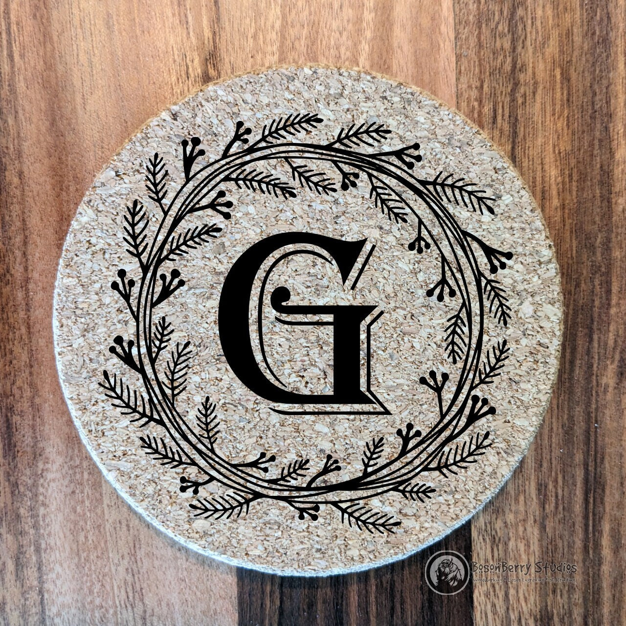 Herb Wreath Monogram 4 Pack Cork Coasters | Laser Engraved | Gifts | Home Decor