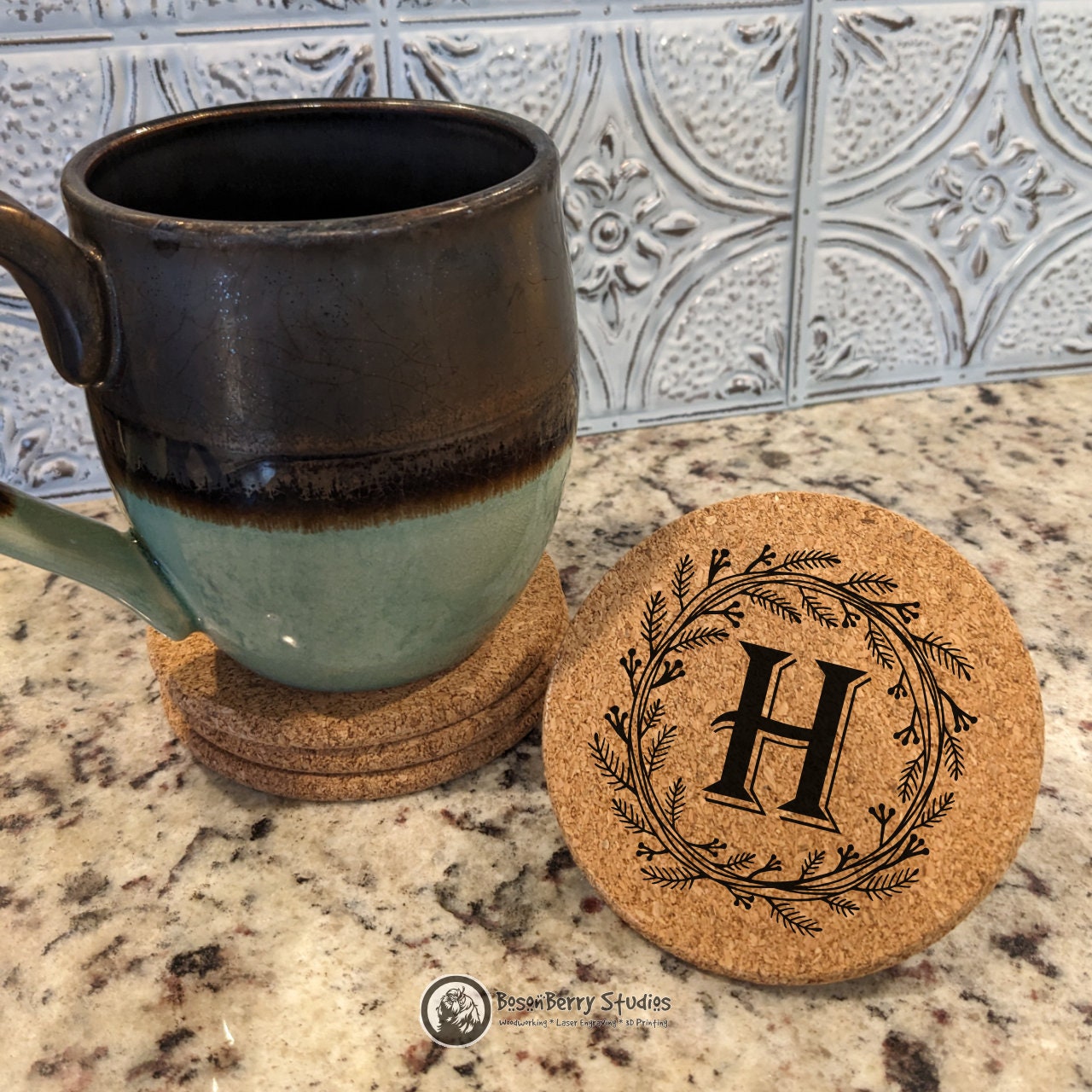 Herb Wreath Monogram 4 Pack Cork Coasters | Laser Engraved | Gifts | Home Decor