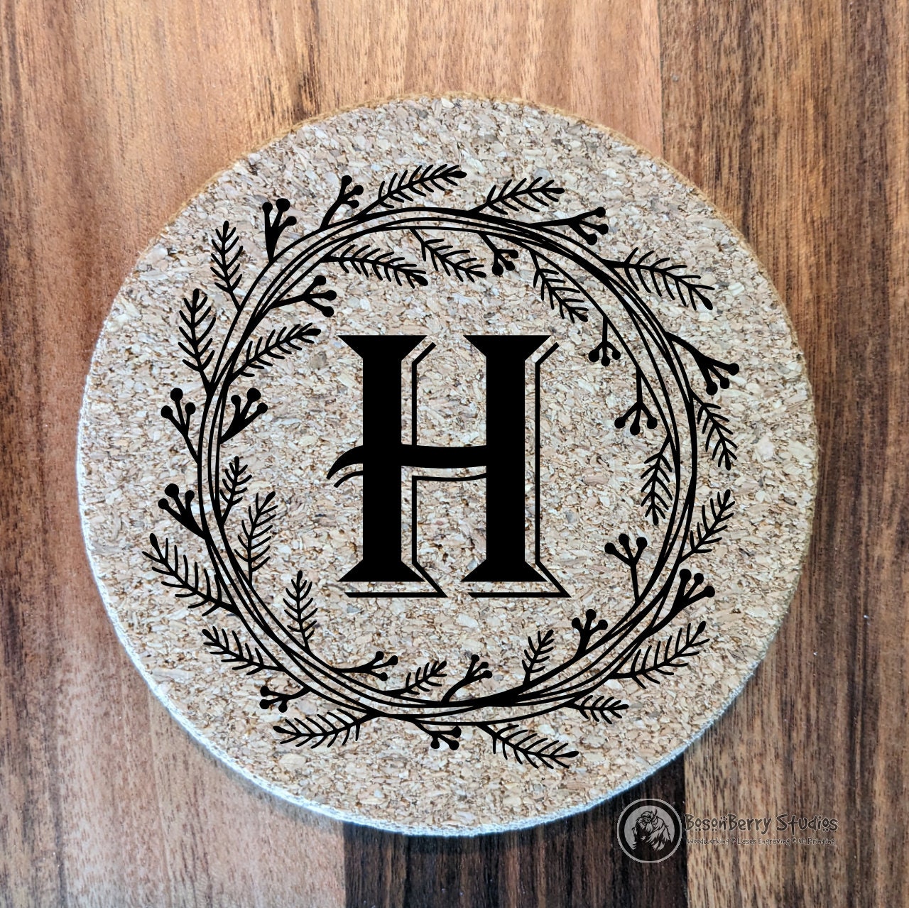 Herb Wreath Monogram 4 Pack Cork Coasters | Laser Engraved | Gifts | Home Decor