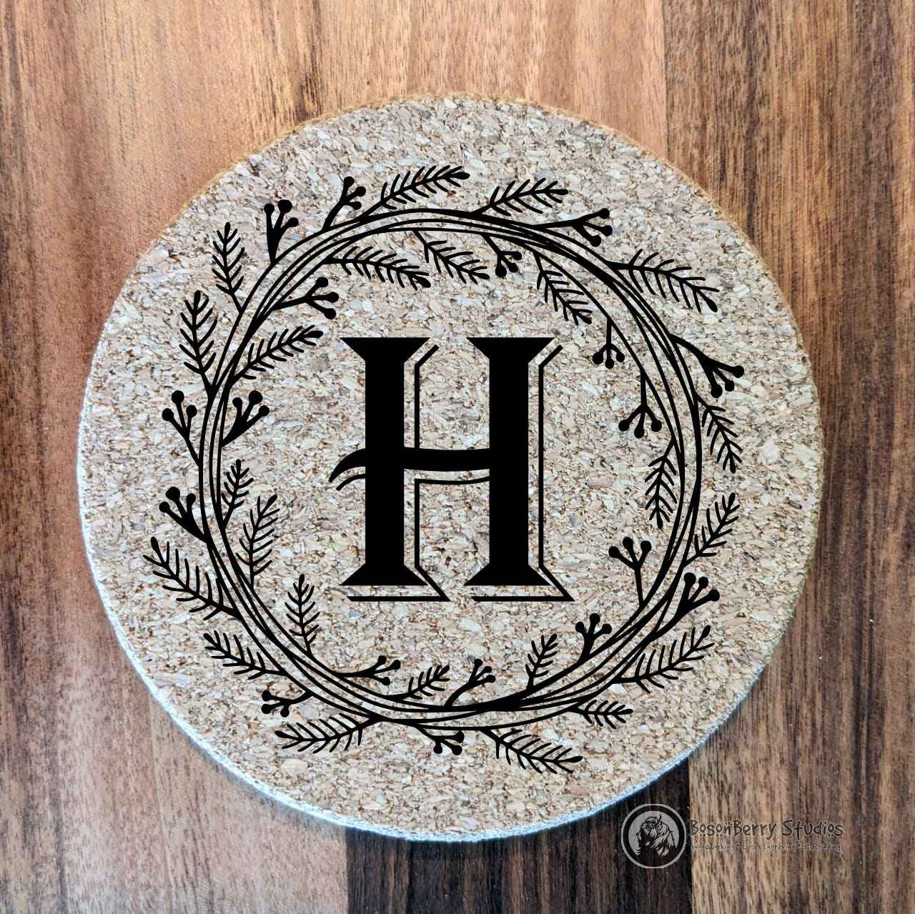 Herb Wreath Monogram 4 Pack Cork Coasters