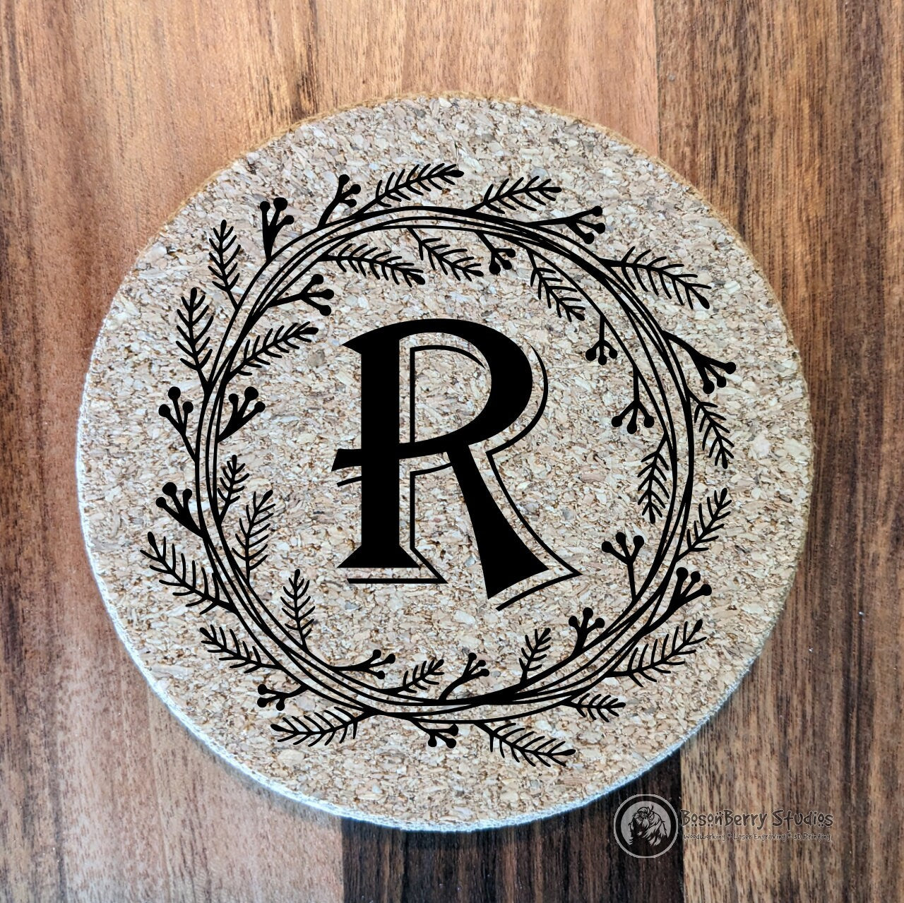 Herb Wreath Monogram 4 Pack Cork Coasters | Laser Engraved | Gifts | Home Decor