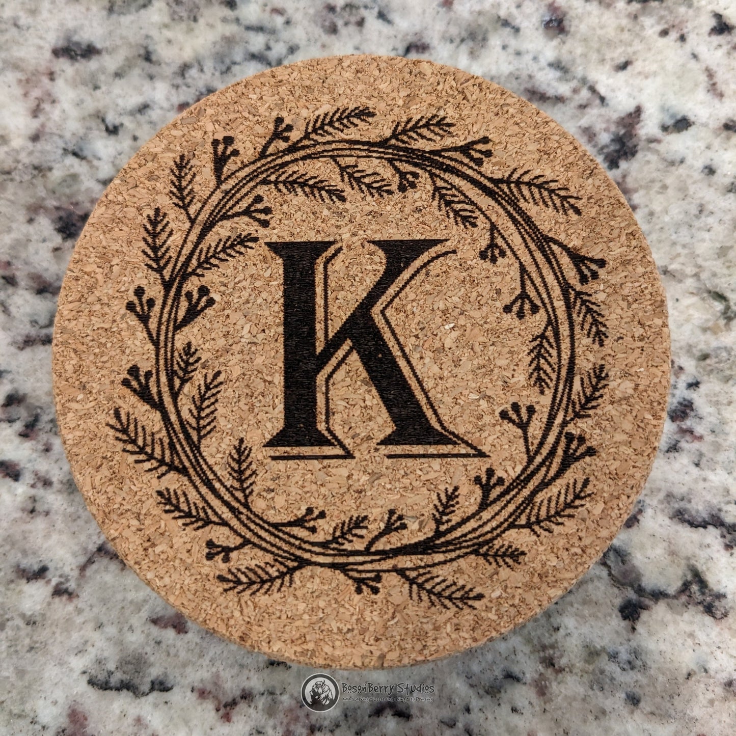 Herb Wreath Monogram 4 Pack Cork Coasters | Laser Engraved | Gifts | Home Decor