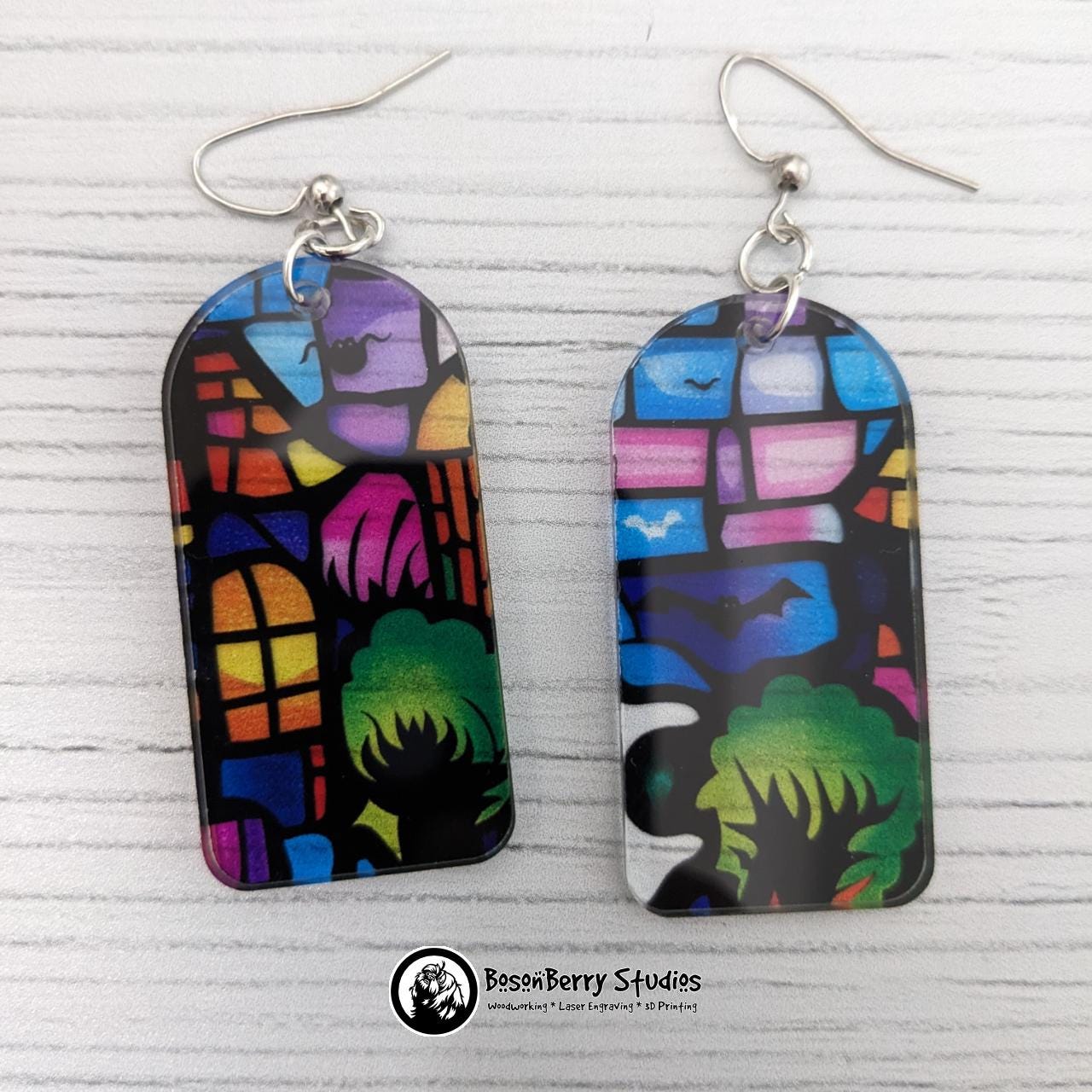 Acrylic "Haunted House Stained Glass" Earrings-13 Designs | Halloween Pumpkins Ghosts Bats | Blue Purple Yellow Transparent Look | Laser Cut