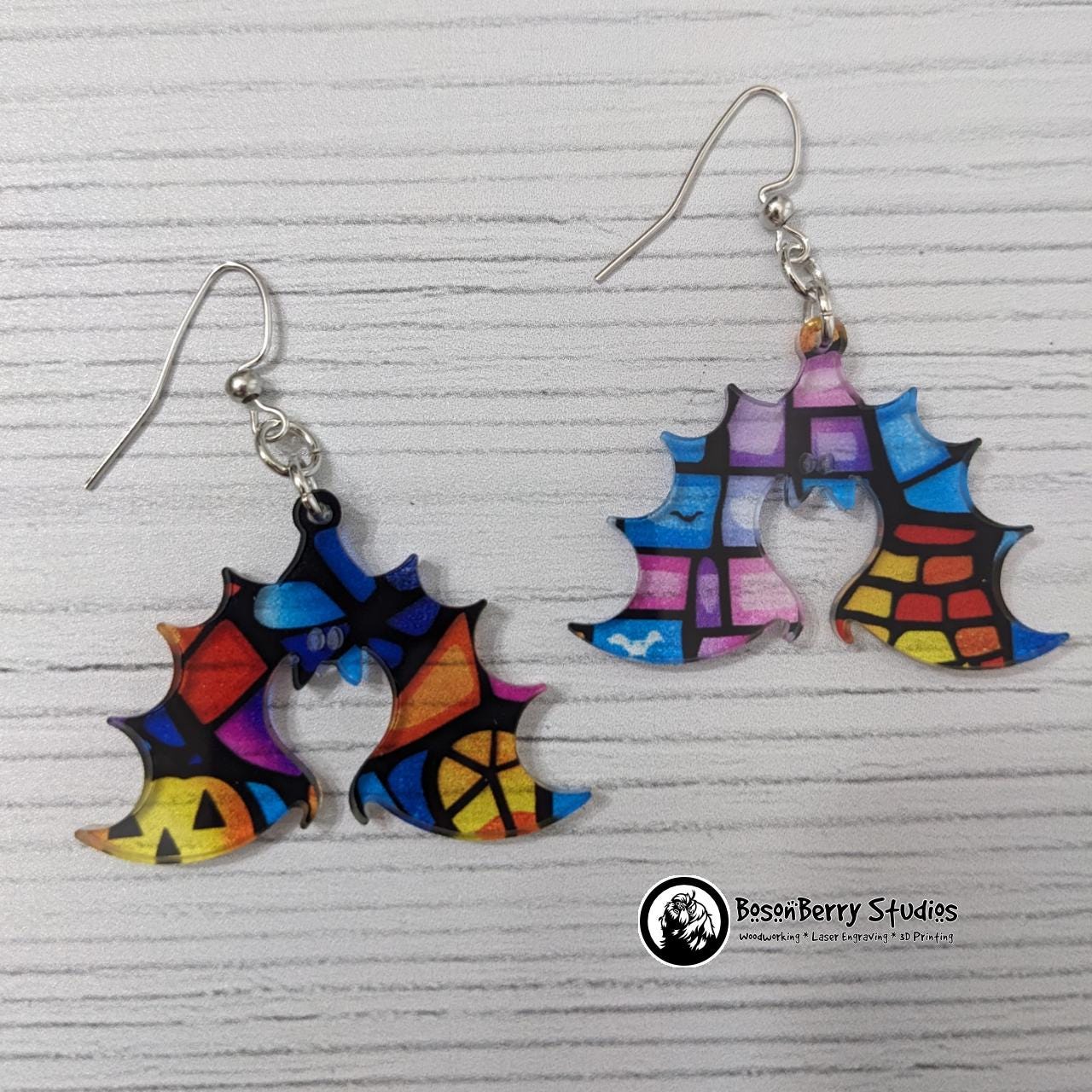 Acrylic "Haunted House Stained Glass" Earrings-13 Designs | Halloween Pumpkins Ghosts Bats | Blue Purple Yellow Transparent Look | Laser Cut