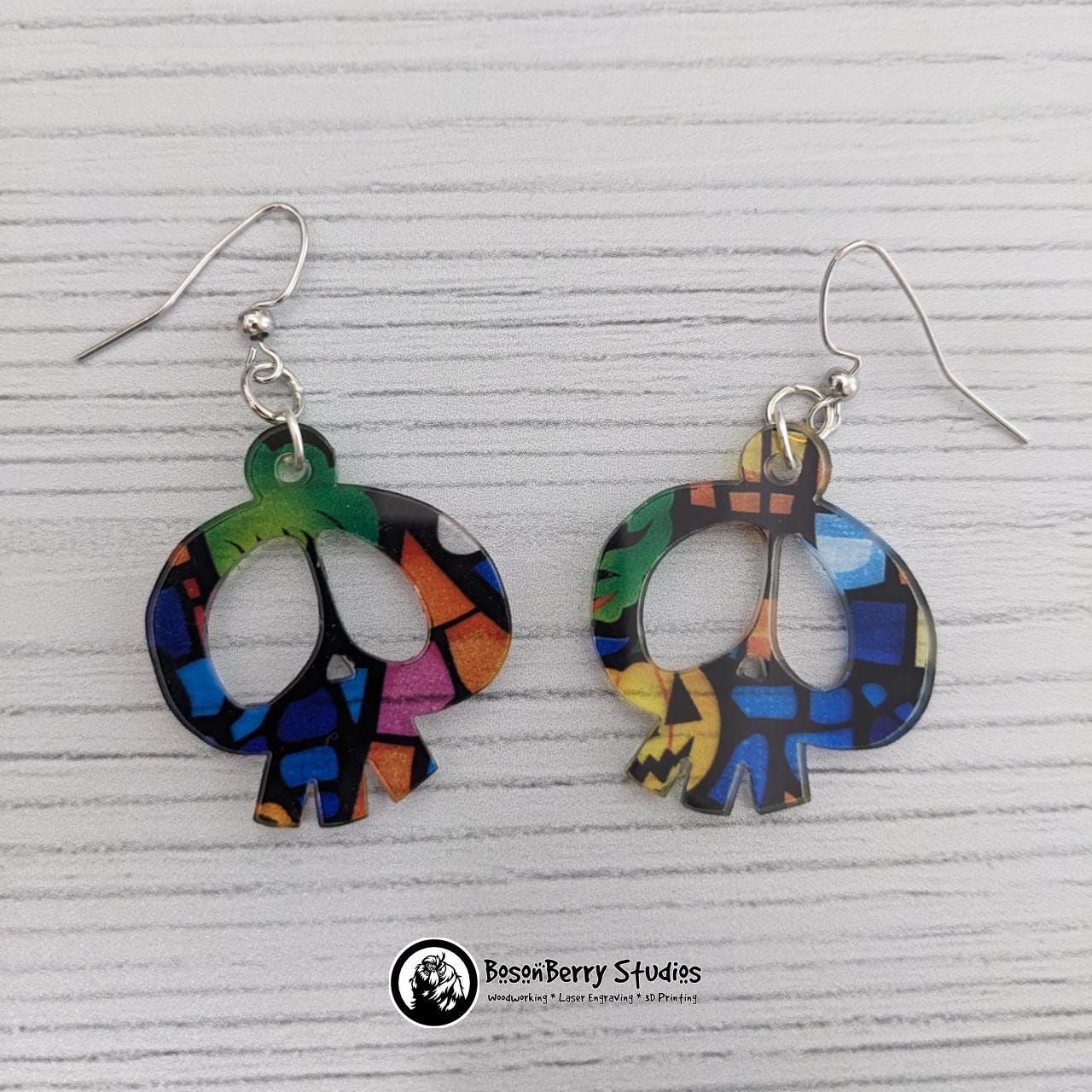 Acrylic "Haunted House Stained Glass" Earrings-13 Designs | Halloween Pumpkins Ghosts Bats | Blue Purple Yellow Transparent Look | Laser Cut