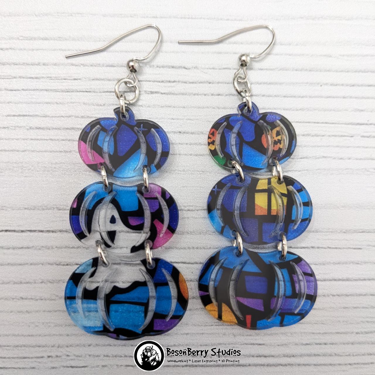 Acrylic "Haunted House Stained Glass" Earrings-13 Designs | Halloween Pumpkins Ghosts Bats | Blue Purple Yellow Transparent Look | Laser Cut