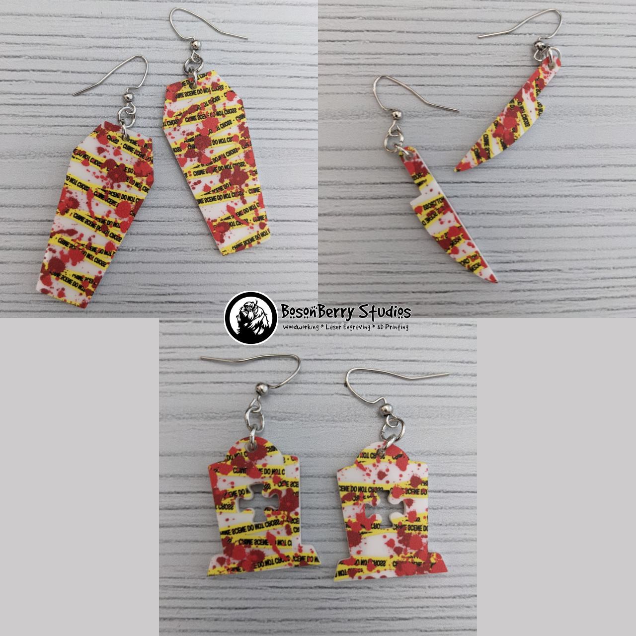 Acrylic "Blood Splatter Crime Scene" Earrings | Halloween Scary Murder True Crime Lovers | Skulls Knives Chalk Outlines Body | Laser Cut