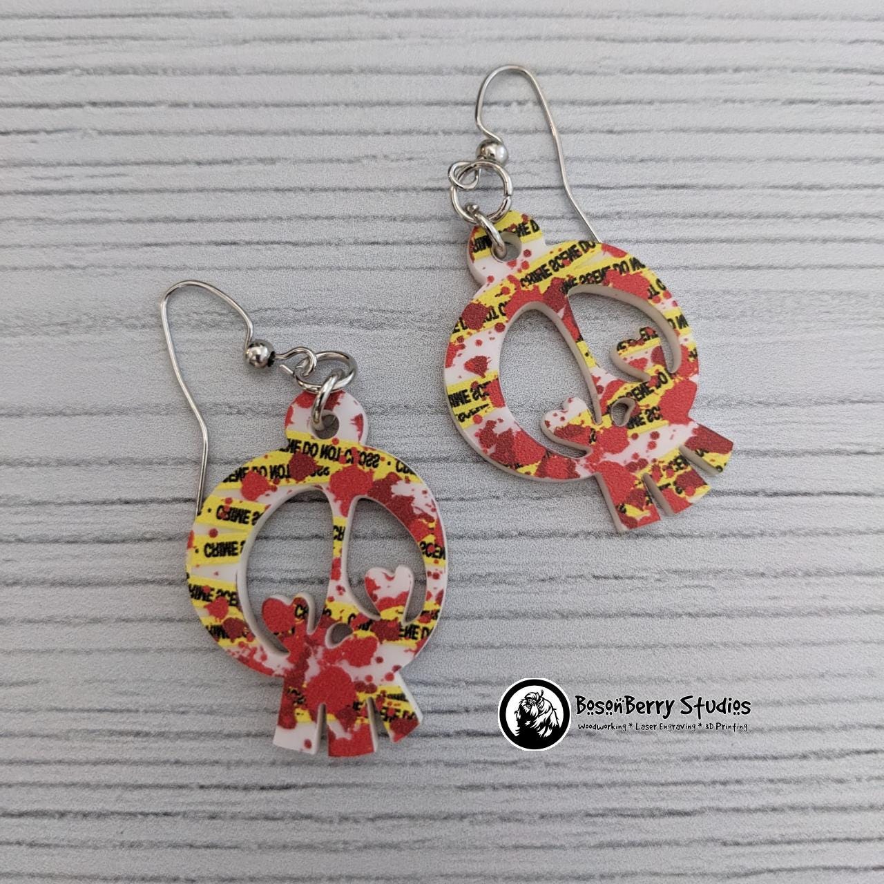Acrylic "Blood Splatter Crime Scene" Earrings | Halloween Scary Murder True Crime Lovers | Skulls Knives Chalk Outlines Body | Laser Cut