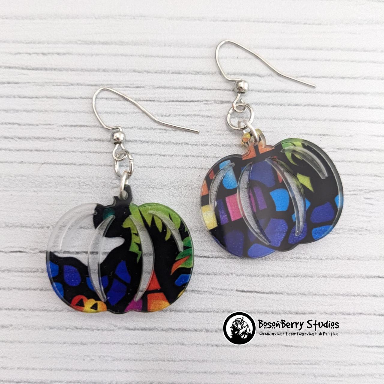 Acrylic "Haunted House Stained Glass" Earrings-13 Designs | Halloween Pumpkins Ghosts Bats | Blue Purple Yellow Transparent Look | Laser Cut