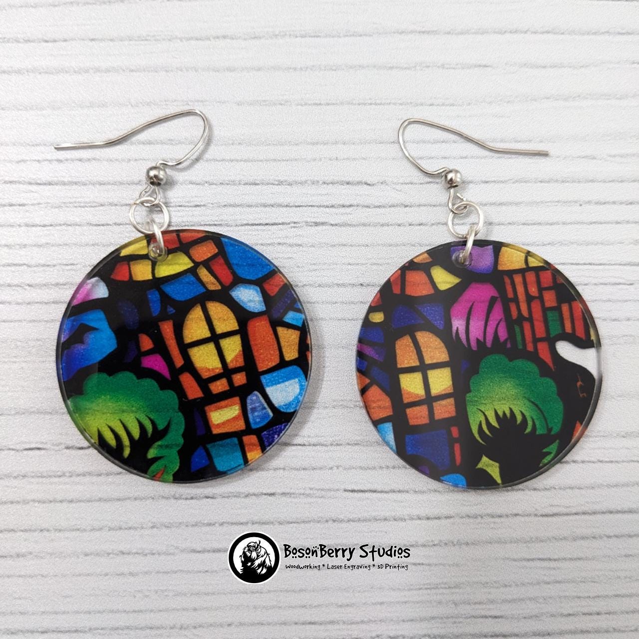 Acrylic "Haunted House Stained Glass" Earrings-13 Designs | Halloween Pumpkins Ghosts Bats | Blue Purple Yellow Transparent Look | Laser Cut