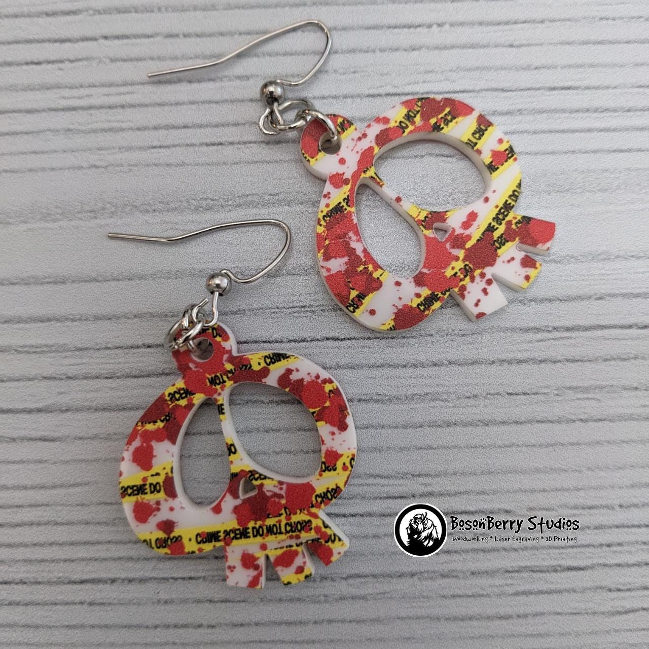 Acrylic "Blood Splatter Crime Scene" Earrings | Halloween Scary Murder True Crime Lovers | Skulls Knives Chalk Outlines Body | Laser Cut