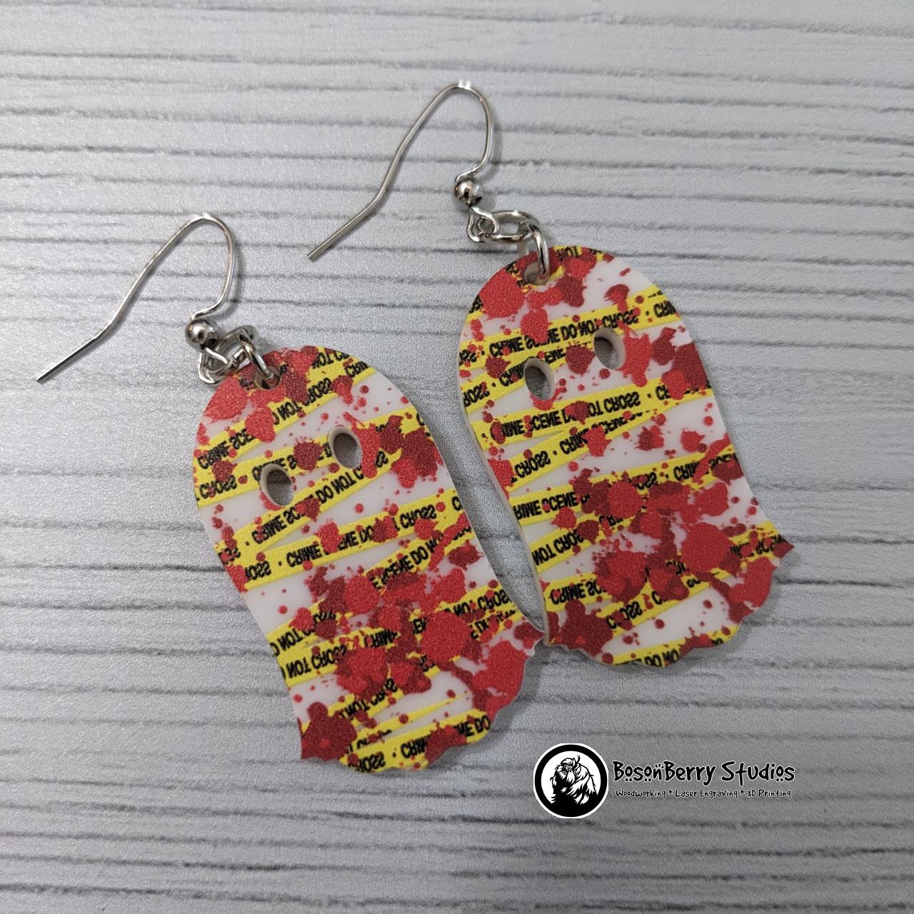 Acrylic "Blood Splatter Crime Scene" Earrings | Halloween Scary Murder True Crime Lovers | Skulls Knives Chalk Outlines Body | Laser Cut