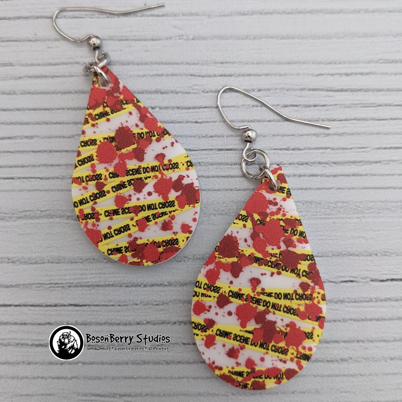 Acrylic "Blood Splatter Crime Scene" Earrings | Halloween Scary Murder True Crime Lovers | Skulls Knives Chalk Outlines Body | Laser Cut
