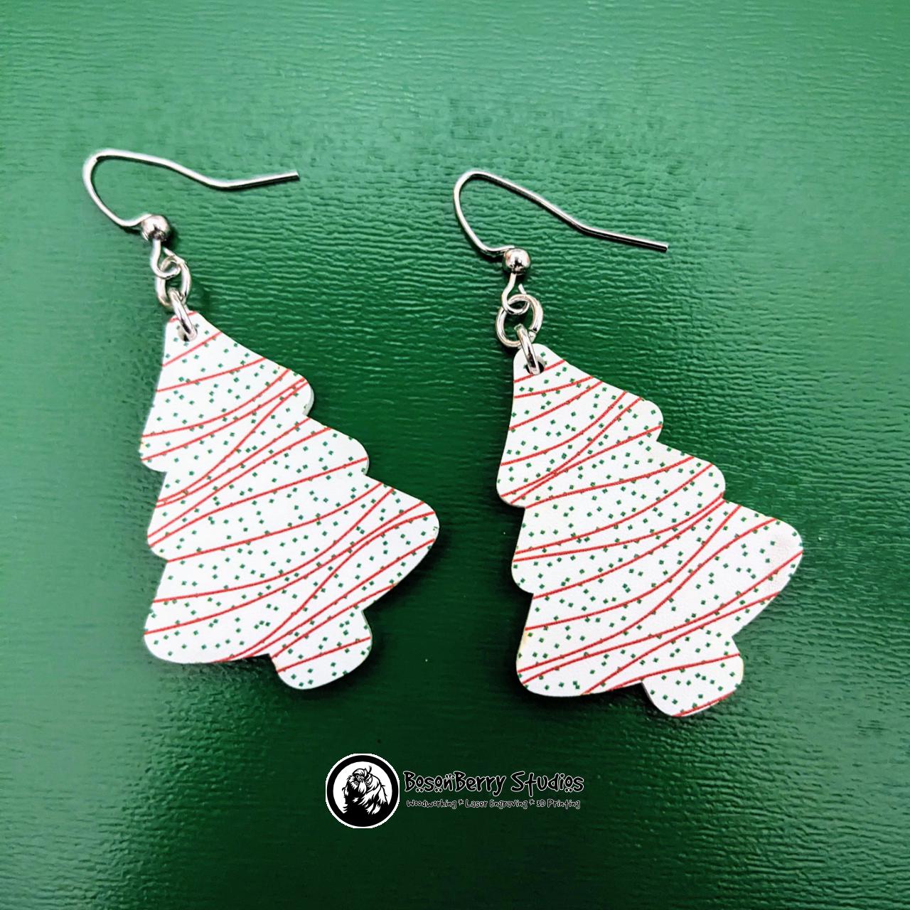 Christmas Snack Cake Acrylic Earrings | Laser Cut Tree Shape Outline | Cute Holiday Jewelry