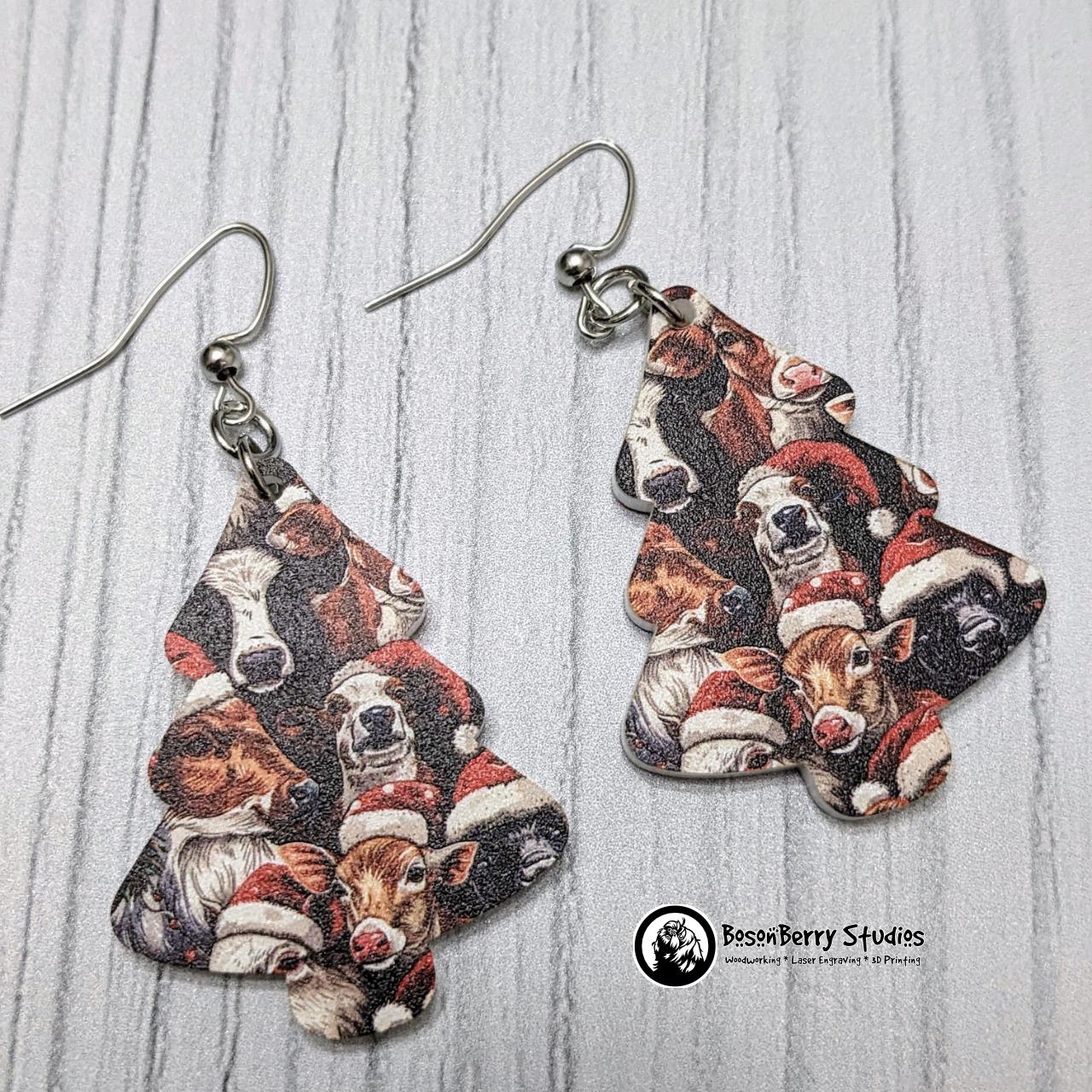 Christmas Cows Acrylic Earrings | Laser Cut | Santa Hats | Cute Holiday Jewelry | Animals