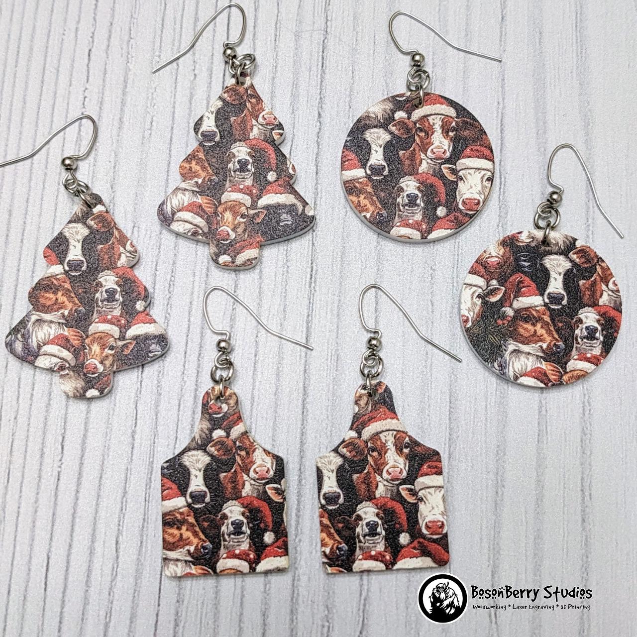 Christmas Cows Acrylic Earrings | Laser Cut | Santa Hats | Cute Holiday Jewelry | Animals