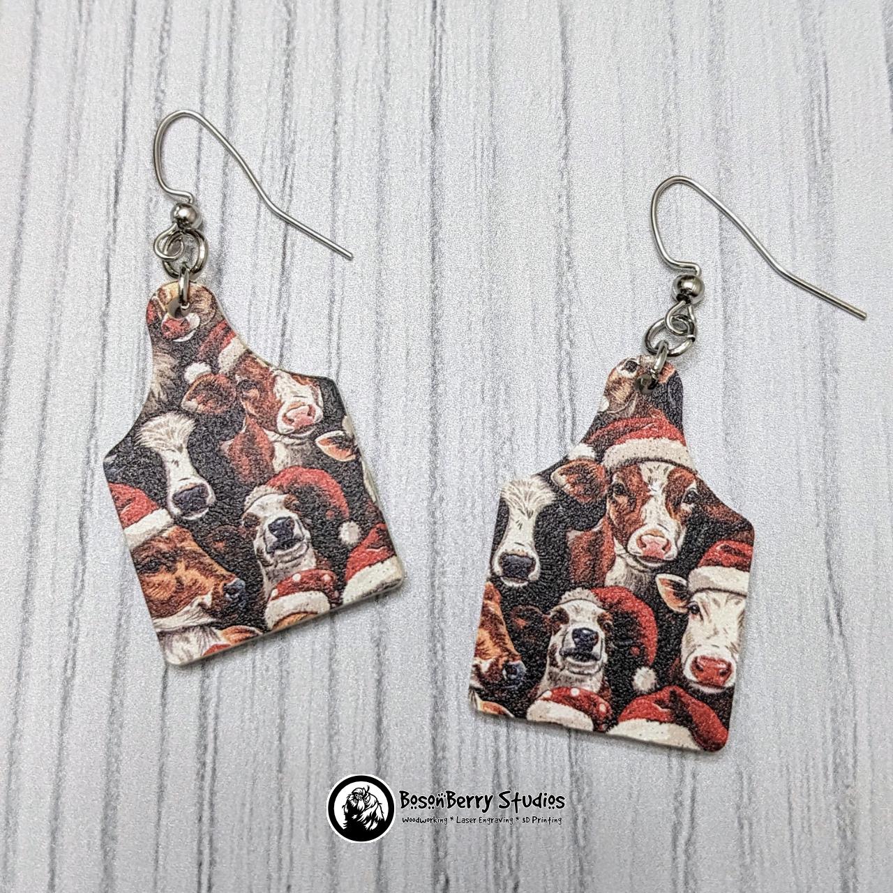 Christmas Cows Acrylic Earrings | Laser Cut | Santa Hats | Cute Holiday Jewelry | Animals
