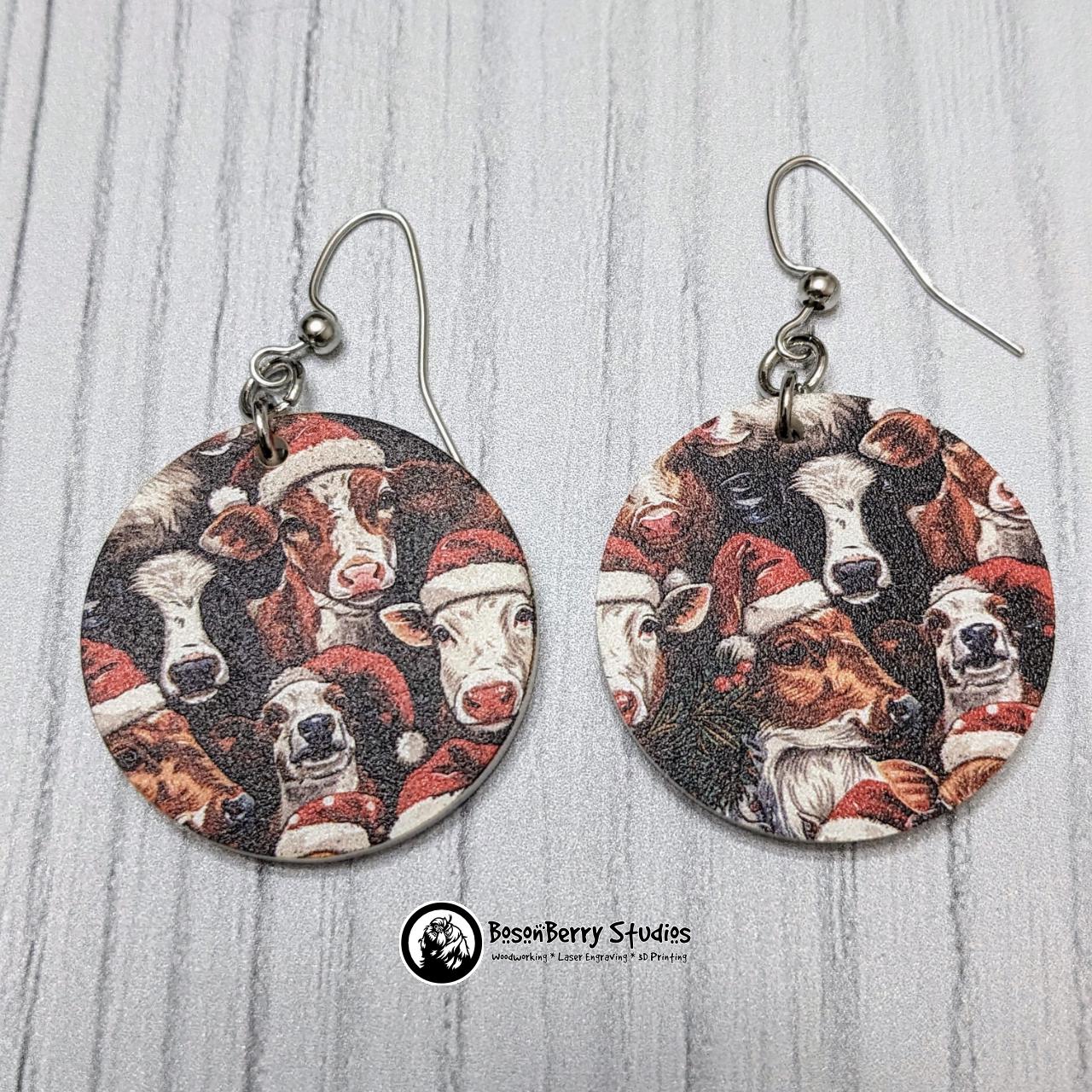 Christmas Cows Acrylic Earrings | Laser Cut | Santa Hats | Cute Holiday Jewelry | Animals