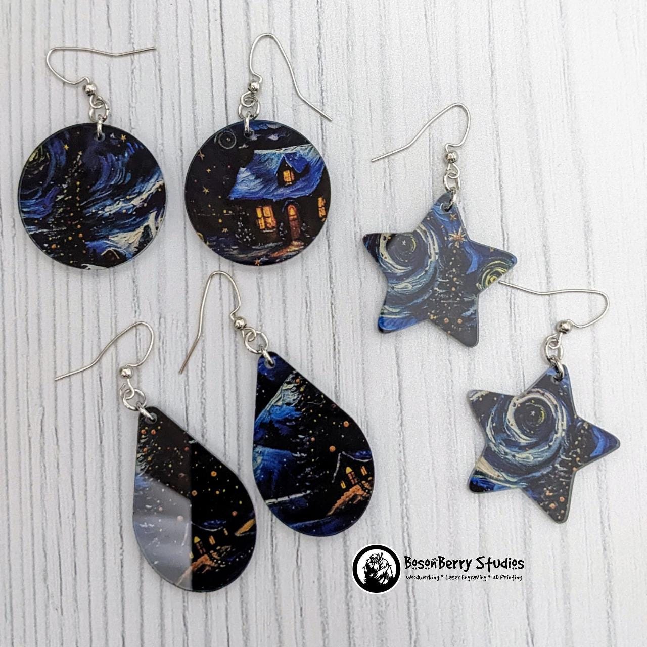 Starry Swirl Christmas Acrylic Earrings | Laser Cut | Night | Cute Holiday Jewelry | Christmas Trees | Snow | Van Gogh
