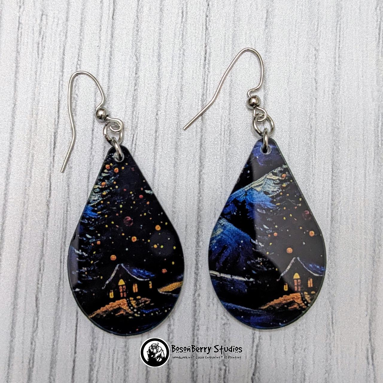 Starry Swirl Christmas Acrylic Earrings | Laser Cut | Night | Cute Holiday Jewelry | Christmas Trees | Snow | Van Gogh