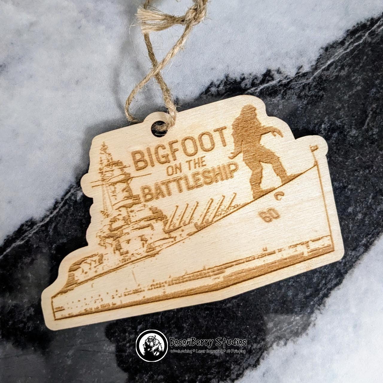 Bigfoot on the Battleship Christmas Ornament | Lower Alabama Mobile Bay | Décor Holiday Gift | Gulf Coast | USS Alabama