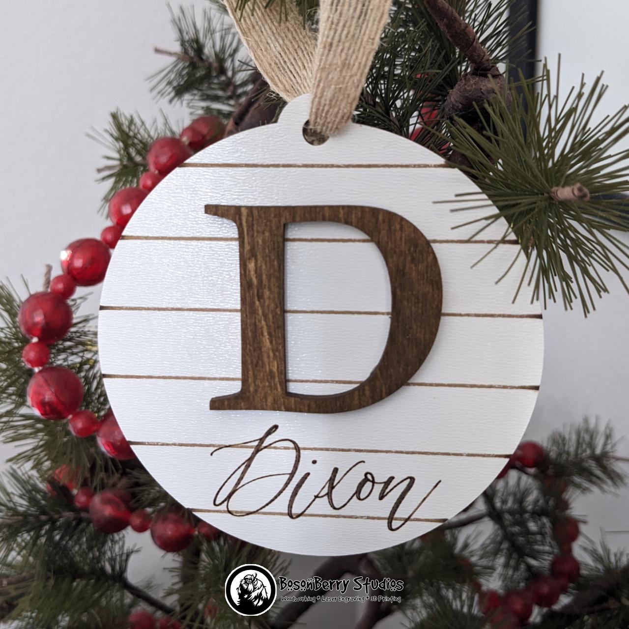Shiplap Monogram Christmas Ornament | Holiday Tree Present Package Gift Decoration Custom Personalized Farmhouse