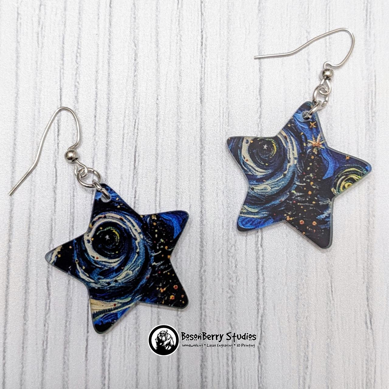 Starry Swirl Christmas Acrylic Earrings | Laser Cut | Night | Cute Holiday Jewelry | Christmas Trees | Snow | Van Gogh