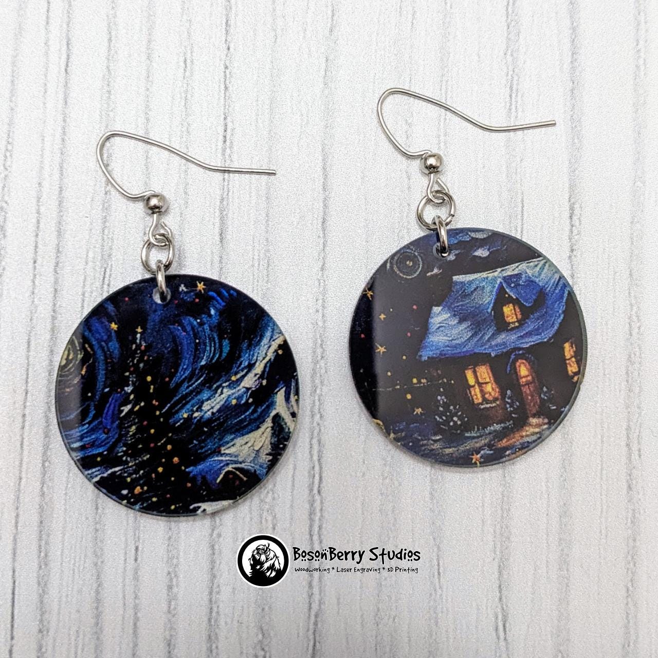 Starry Swirl Christmas Acrylic Earrings | Laser Cut | Night | Cute Holiday Jewelry | Christmas Trees | Snow | Van Gogh