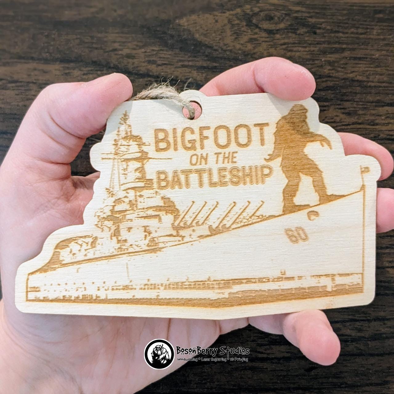 Bigfoot on the Battleship Christmas Ornament | Lower Alabama Mobile Bay | Décor Holiday Gift | Gulf Coast | USS Alabama