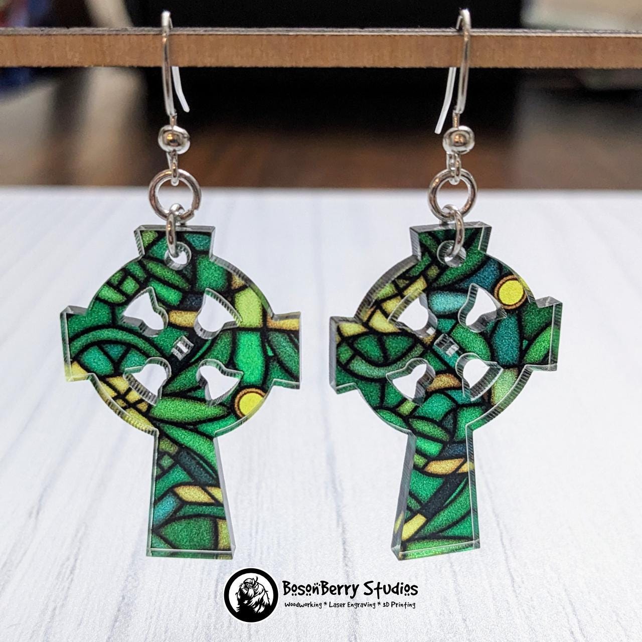 Celtic Stained Glass Acrylic Earrings | Laser Cut | Cute Jewelry | Cross | St Patrick's Day | Green Shamrock | Girlfriend Wife Holiday Gift