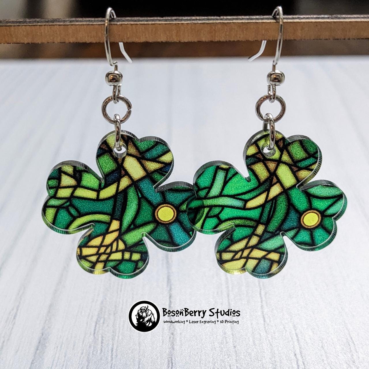 Celtic Stained Glass Acrylic Earrings | Laser Cut | Cute Jewelry | Cross | St Patrick's Day | Green Shamrock | Girlfriend Wife Holiday Gift