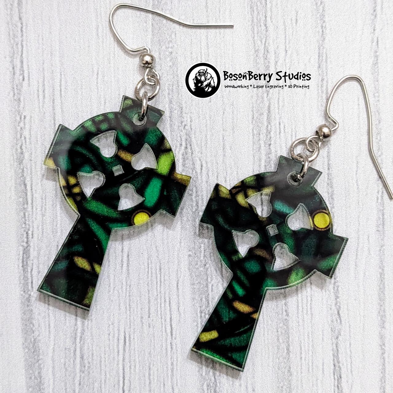 Celtic Stained Glass Acrylic Earrings | Laser Cut | Cute Jewelry | Cross | St Patrick's Day | Green Shamrock | Girlfriend Wife Holiday Gift