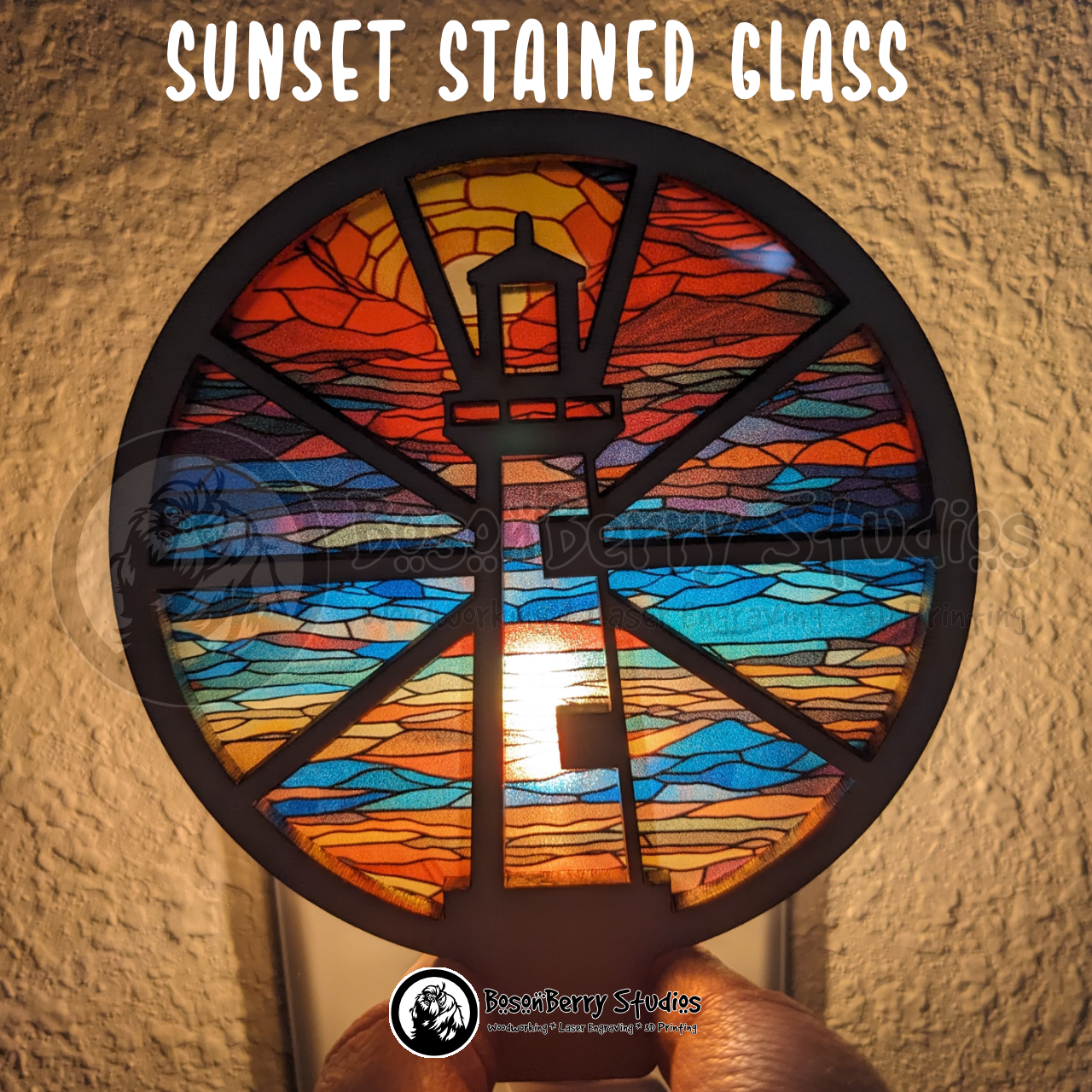 Lighthouse Nightlight shown with Sunset Stained Glass transparent background.