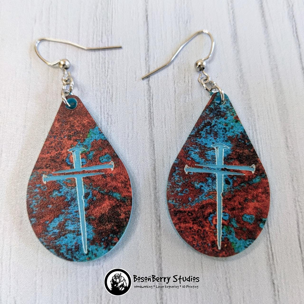 Copper on Turquoise Patterned Acrylic Earrings