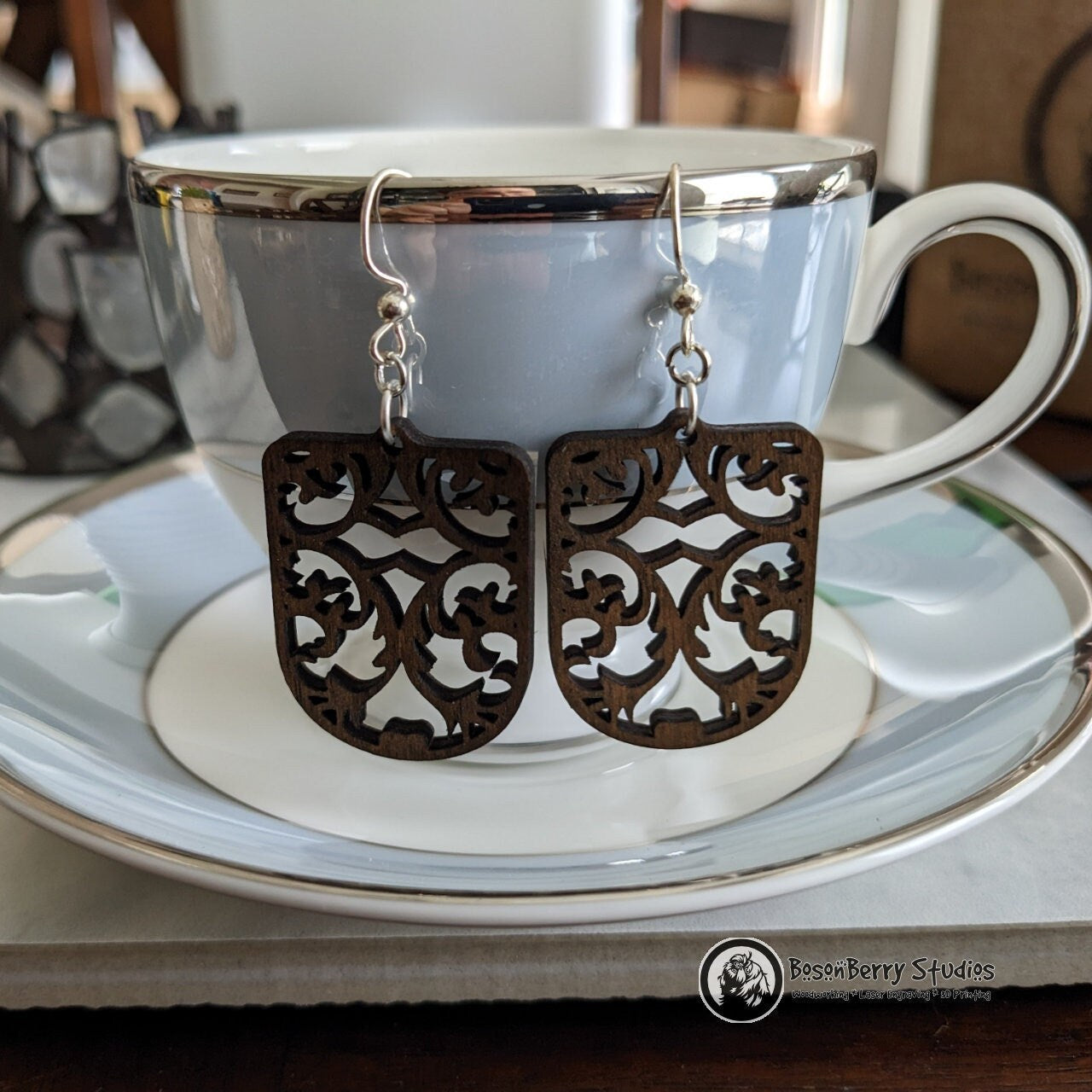 Elegant Damask Wooden Earrings: 3 Shapes