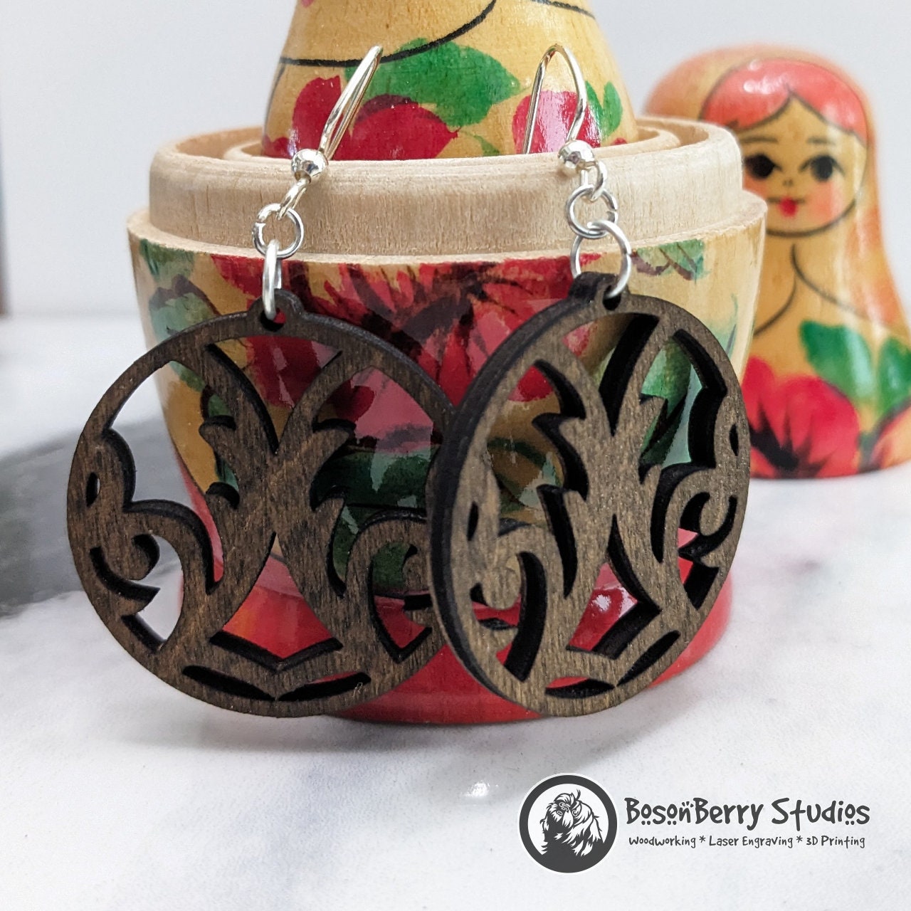 Elegant Damask Wooden Earrings: 3 Shapes